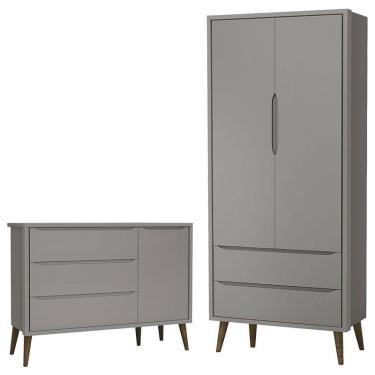 Imagem de Cômoda Infantil com Porta e Guarda Roupa 2 Portas Theo Cinza com Pés Amadeirado – Reller