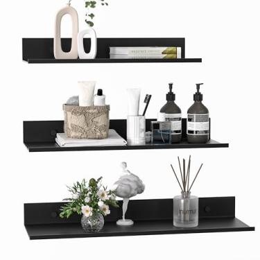 Imagem de Wisfame Prateleiras flutuantes para parede, conjunto de 3, prateleiras de parede de metal preto para banheiro 11,8/13,8/39,9 cm, pequena prateleira adesiva moderna para sala de estar, quarto