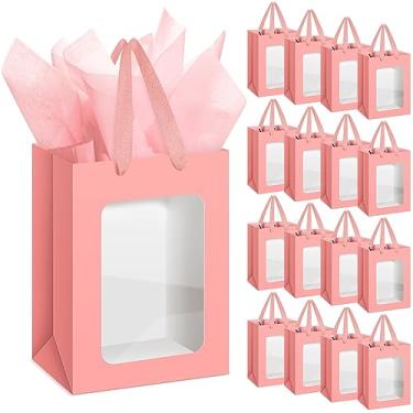 Imagem de Zhanmai 36 sacos de presente transparentes Kraft com papel de seda, sacos de presente de papel com janela transparente com alças para negócios, compras, casamento, chá de bebê, lembrancinhas de festa (rosa)