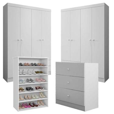 Imagem de Kit Cômoda 2 Guarda Roupas Louise e Sapateira Laís 8 Portas 7 Gavetas MDP 103cm Branco...
