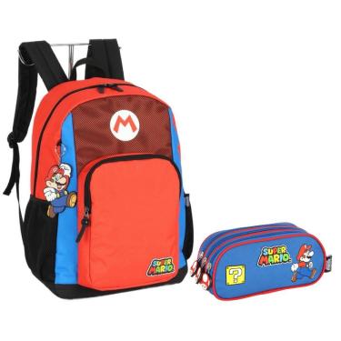 Imagem de Kit Mochila De Costas E Estojo Vermelho Super Mario Luxcel