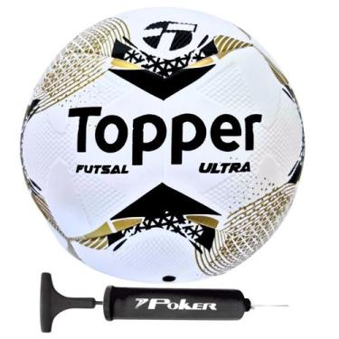 Imagem de Bola de Futsal Topper Ultra Salão Colagem Dupla + Bomba, Preto, Dourad