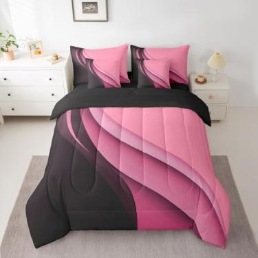 Imagem de Feelyou Conjunto de cama geométrico, rosa, preto, listras, abstratas, tamanho casal, 7 peças, arte abstrata, conjunto de cama em uma bolsa, linhas geométricas macias, conjunto de cama com edredom,