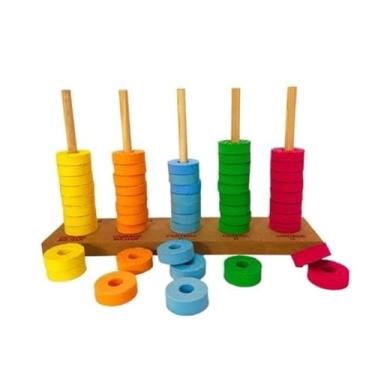 Imagem de Ábaco Matemático Escolar em Madeira c/ 50 Argolas Coloridas em Eva Brinquedo Educativo Pedagógico Lúdico Montessori