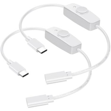 Imagem de Cabo de extensão USB tipo C, pacote com 2 cabos de alimentação fêmea para macho com interruptor liga/desliga, cabo extensor USB-C para lâmpada de mesa de LED, ventilador USB, tiras de LED, branco