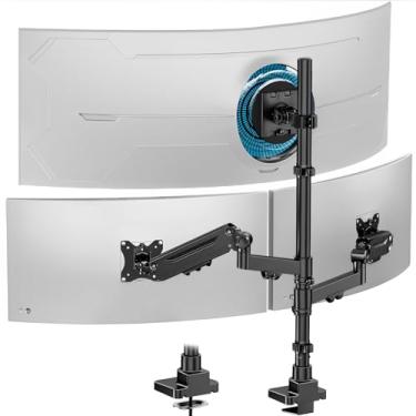 Imagem de Suporte para monitor triplo de até 124 cm, braço de 3 monitores totalmente ajustável com mola a gás, suporte de mesa para 3 telas, braçadeira C e base de ilhós, comporta 20 kg, preto