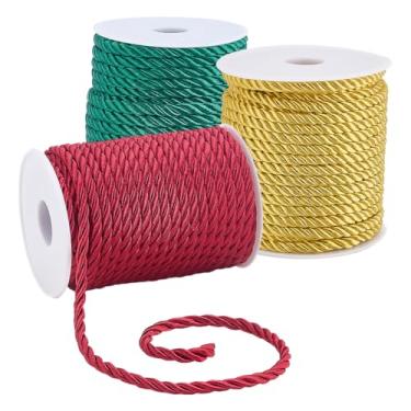 Imagem de PH PandaHall 3 rolos de cordão torcido com tema natalino, corda trançada de 5 mm, cordão de acabamento de barbante de 3 camadas, corda torcida de seda decorativa para decoração de casa de Natal
