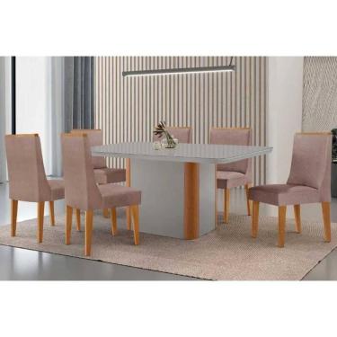Imagem de Conjunto Sala de Jantar Pietá c/ Tampo Madeirado c/ Vidro Canto Curvo 180x90cm e 6 Cadeiras Dakota Madeira Maciça Naturale/Off White - Capuccino/Linho