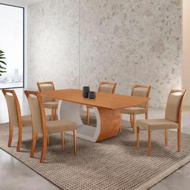 Imagem de Mesa Zeus 180cm Tampo Laminado Canto Barril Com 6 Cadeiras Linho Palha
