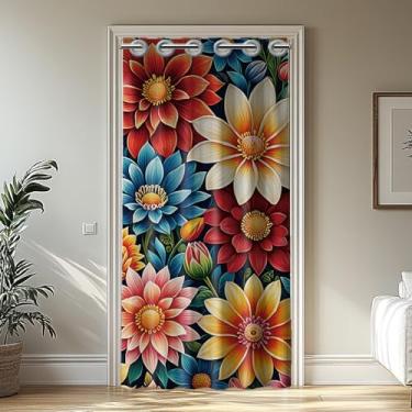 Imagem de CHGCRAFT Cortina de porta de flor boêmia para porta de entrada de flores coloridas cortinas divisórias de quarto com anéis de plástico cortinas dobráveis para porta de armário, porta de sala de estar