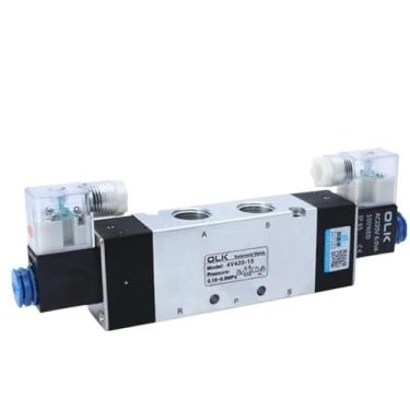 Imagem de 1 peça 4V420-15 válvula solenoide dupla cabeça controle duplo 5 vias 2 posições Power down hold válvula direcional pneumática (com conexões de 12 mm, AC220V)
