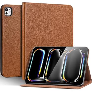 Imagem de Thryxop Capa de couro genuíno para iPad Pro 11 polegadas (M4) 2024 | Capa protetora fina com suporte ajustável, despertar/hibernar automaticamente, couro premium | marrom