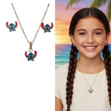 Imagem de Kit Colar e Brincos Infantil com Pingente aço pequeno Labubu Folheado 
