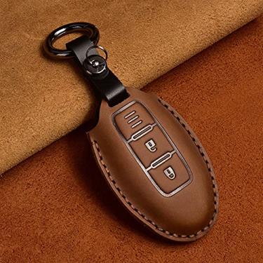 Imagem de WSWJDW Couro porta-chaves capa porta-chaves anel porta-chaves, apto para Infiniti EX35 FX35 FX50 M56 G35 G37 JX35 QX50 QX60 QX80 Nissan, 2 botões marrom