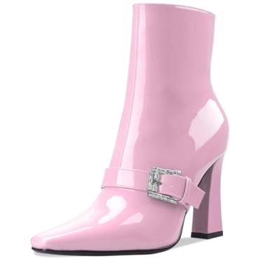 Imagem de Perisis Botas de cano curto, salto alto, grosso, preto, bico quadrado, fechado, curto, com zíper lateral, salto de 10 cm, padrão de crocodilo para mulheres e mulheres sexy, Patente rosa-claro, 35