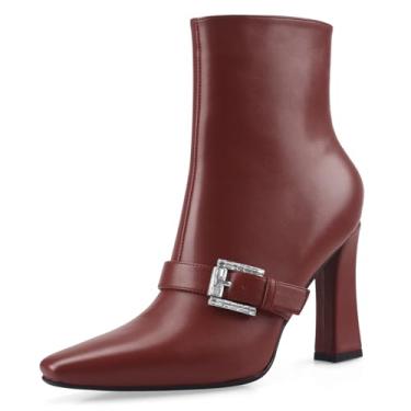 Imagem de Perisis Botas de cano curto, salto alto, grosso, preto, bico quadrado, fechado, curto, com zíper lateral, salto de 10 cm, padrão de crocodilo para mulheres e mulheres sexy, Poliuretano borgonha, 35