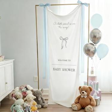 Imagem de HunnmingRe 152.4 cm x 61.0 cm Tecido Baby Shower Welcome Banner Sign A Little Pearl Is on the Way Grande Suporte de Exibição de Boas-Vindas Decoração com Fita de Laço para Cerimônia de Jardim Gramado