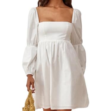 Imagem de EXLURA Vestido feminino 2025 com gola quadrada manga bufante longa evasê mini vestido curto casual, Branco, P