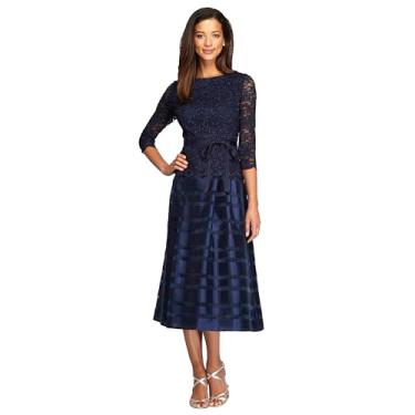 Imagem de Alex Evenings Vestido feminino evasê comprimento chá com cinto de amarrar, Azul marino, 46