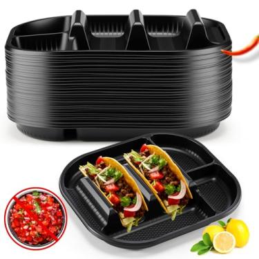 Imagem de Baderke Pacote com 20 pratos descartáveis de taco, placas de suporte de taco de PP com 2 divisórias para conchas macias e duras para terça-feira, festas, piqueniques, seguro para micro-ondas
