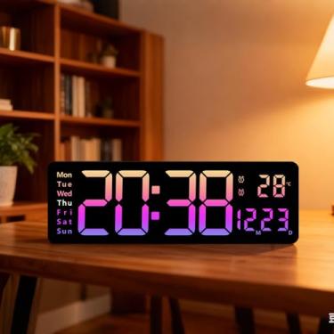 Imagem de Dexmary Suporte de parede com despertador de 40,6 cm, relógio digital com temporizador, alarme, LED grande, cor RGB, horário de verão, temperatura, relógio de parede digital para sala de estar, quarto