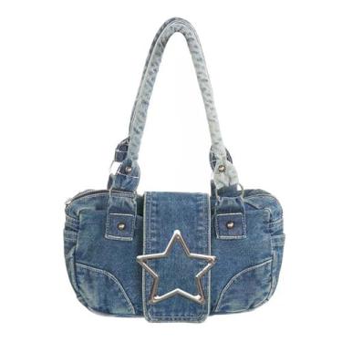 Imagem de GJHFCXSO Bolsa De Ombro Feminina Y2k Em Jeans Estilo Casual Moderna com ZíPer Em Formato de Estrela Metálica Modelo Hobo Pequeno,Blue