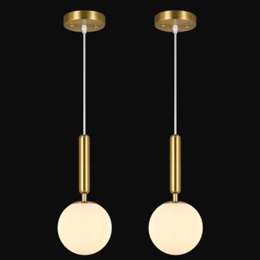 Imagem de FDPBY Luminária suspensa moderna para ilha de cozinha, luzes pendentes douradas de meados do século com globo de vidro branco leitoso para entrada de quarto e banheiro (pacote com 2)