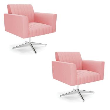 Imagem de Kit 2 Poltronas Giratória Viena Gomada Suede Base Cromada - D'rossi Cor Rose