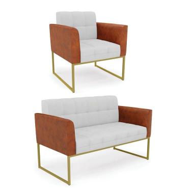 Imagem de Sofá Namoradeira E Poltrona Base Industrial Dourado Elisa Nozes-linho Cinza A05 D03 - D'rossi