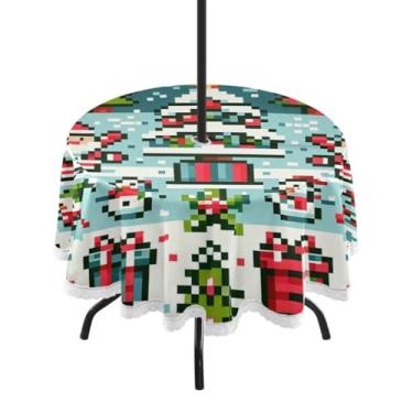 Imagem de Qilmy Toalha de mesa redonda à prova d'água estilo pixel de Natal de 152 cm com orifício para guarda-chuva e zíper – uso externo / interno resistente para pátio, churrascos, piqueniques, festas (serve