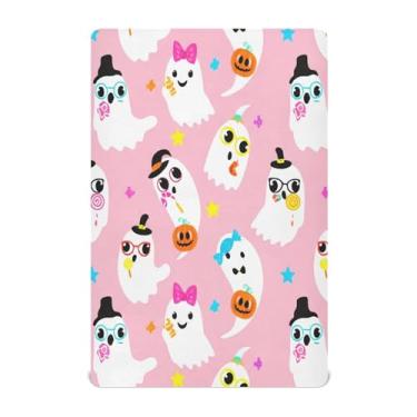 Imagem de JUZIHAI Lençol de berço de Halloween para meninos e meninas, chapéu de Halloween, fantasmas, macio, elástico, respirável, capa de colchão para berço padrão e cama infantil, 132 x 71 cm