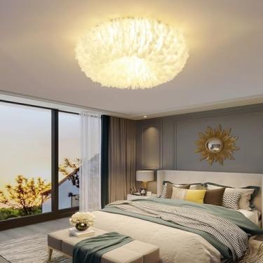 Imagem de Luminária de teto E27 branca com penas, semi-embutida, criativa e romântica, estilo lustre, ideal para decoração de restaurantes, quartos infantis, salas de estar, quartos de hotel e ambient