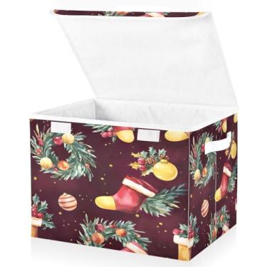 Imagem de Blueangle Cestos de armazenamento de meias de Natal com tampas, 42 x 32 x 30 cm, grande cesta organizadora dobrável para decoração de escritório e armário (195)