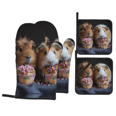 Imagem de Luvas de cozinha resistentes ao calor e suporte de panela com estampa de porquinhos-da-índia e cupcakes, luvas de forno confortáveis
