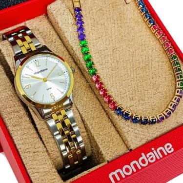 Imagem de Kit Relógio Mondaine Feminino Original Prata E Dourado Numerico À Prov