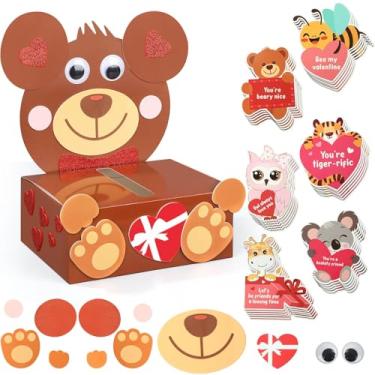Imagem de Pasimy Valentines DIY Mailbox for Kids with 33 Greeting Cards Valentine's Day Card Box for School Classroom Boys Girls Gifts Exchange, Kids Gift to Party Favor Sets(Bear)