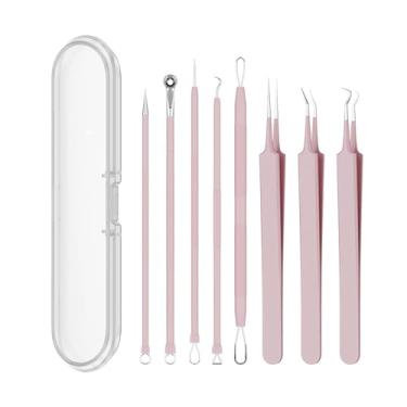 Imagem de Conjunto de 8 ferramentas de remoção de cravos e acne de grau profissional/inclui 3 tipos de pinças curvas/retas/anguladas + 5 tipos de agulhas multifuncionais para acne com estojo