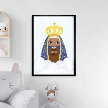 Imagem de Quadro Nossa Senhora Aparecida Baby Azul 45x34cm Vidro Preta