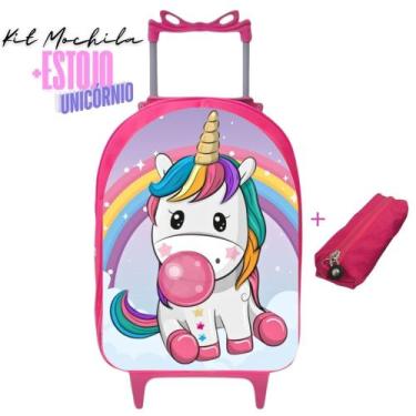 Imagem de Kit Mochila Infantil Escolar Carrinho + Estojo Unicórnio Candy Prática