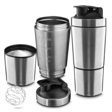 Imagem de Coqueteleira Inox 750ml Shake Gym com Mola Mixer Copo 200ml Garrafa Pr