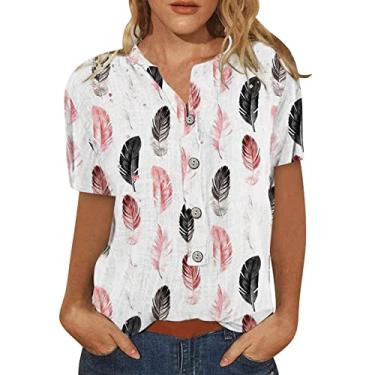 Imagem de Tops para mulheres manga curta moda verão casual na moda camiseta estampada botão decote camisetas blusas femininas, Branco, XG