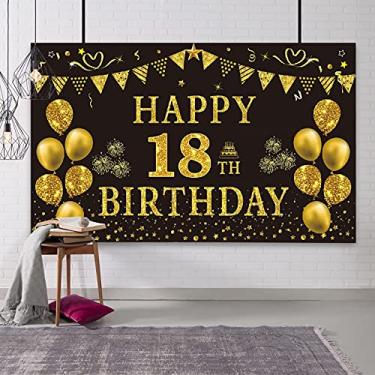 Imagem de Trgowaul Decorações de aniversário de 18 anos para homens - Banner de fundo dourado preto 15 x 9 m, suprimentos de fotografia de feliz aniversário, decorações de festa de fundo para meninos