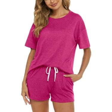 Imagem de LOCUBE Conjunto de pijama feminino pijama de manga curta e shorts com bolsos, Vermelho rosa, GG