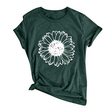 Imagem de Duobla Camisetas femininas de verão 2024 com estampa de girassol, casual, de manga curta, com estampa de flores, roupas modernas, A-1 verde, 3G