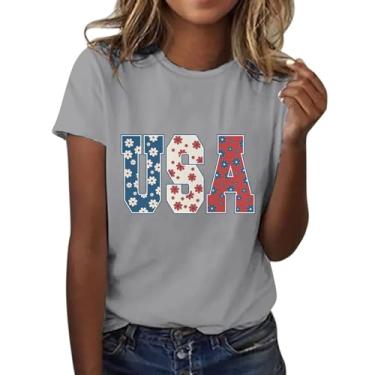 Imagem de Duobla Camisetas femininas de verão 2024 na moda 4 de julho camisetas com estampa de laço de cereja com coração fofo camiseta com letras engraçadas roupas modernas, A-4-cinza, G