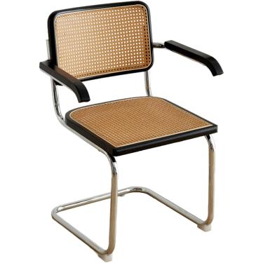 Imagem de Cadeira de jantar de meados do século com encosto de cana natural e base cromada inoxidável, cadeira de cozinha estofada de vime de madeira para sala de estar/quarto/sala de jantar/pátio, pr