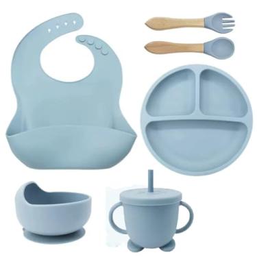 Imagem de Kit 6 Conjunto De Talheres De Silicone Para Bebê Introdução Alimentar Prato Dividido/Chuquinha/Babador/Colher/Garfo Com Cabo De Madeira/À Prova D'água (Azul)