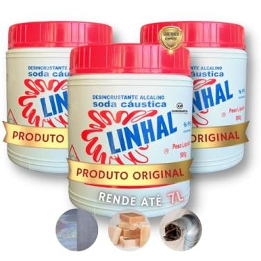Imagem de Kit com 3x Soda Cáustica Pura 99% 500g Linhal | Desentupidor Limpeza Pesada e Produção de Sabão