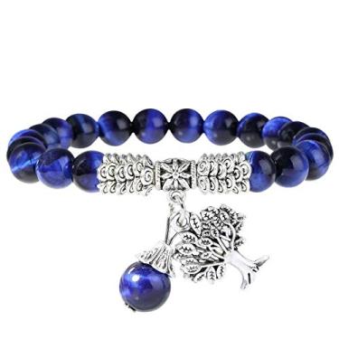 Imagem de Pulseira Nupuyai com pedra de árvore da vida unissex, elástica com 7 chacras, pulseira de pulso para homens e mulheres Azul