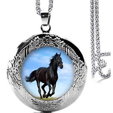 Imagem de DianaL Boutique Colar com pingente de medalhão de cavalo preto lindo tom prata com corrente de aço inoxidável de 61 cm